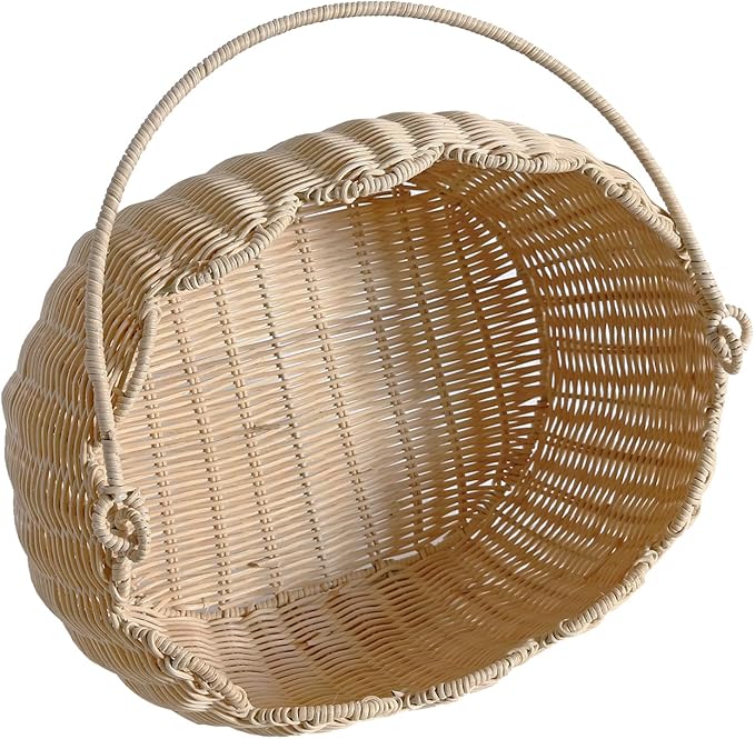 Scalloped Round Basket with Handle, Super Sturdy Wicker Storage Baskets, Hand Woven Basket for Shelves,Natural Baskets for Organizing (White Rattan 12.6"*9"*6.1")