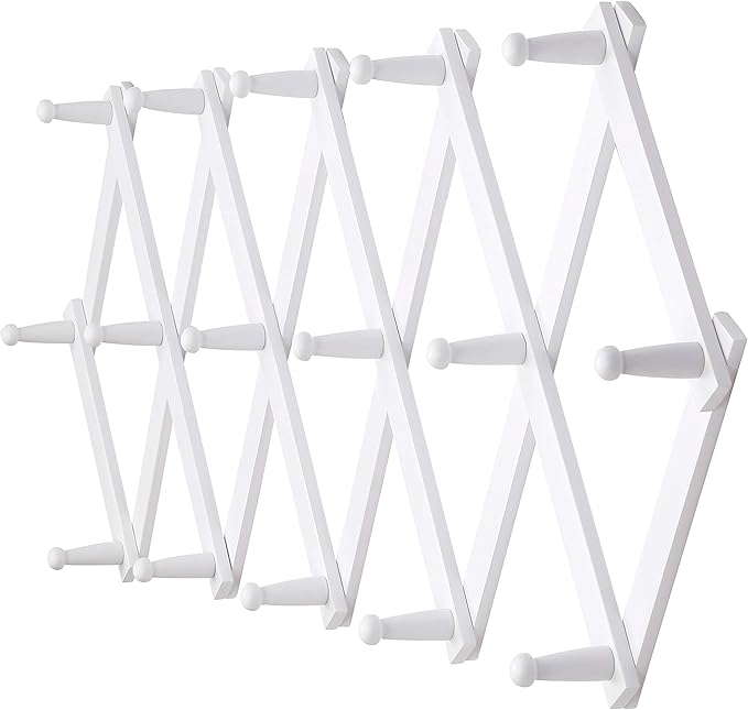 Dseap Accordian Wall Hanger: 16” High Wooden Wall Expandable Coat Rack, Hat Rack Holder, Accordion Hook for Baseball Caps, Coats, Mugs, 16 Peg Hooks, White