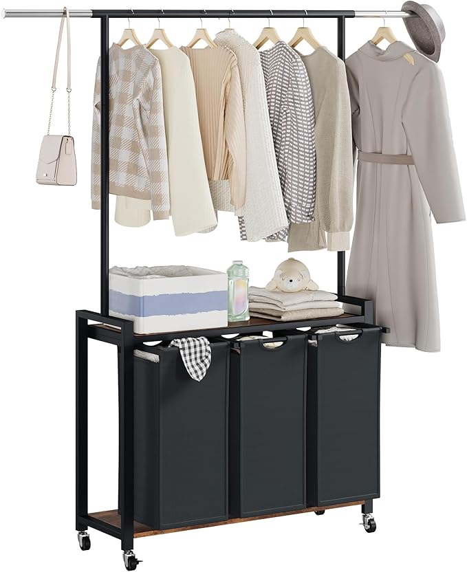 IDEALHOUSE Laundry Sorter 3 Section with Hanging Rack,Rolling Laundry Sorter Hamper with Shelf & Lockable Wheels,Laundry Basket Organizer for Laundry Room, Bedroom, Bathroom
