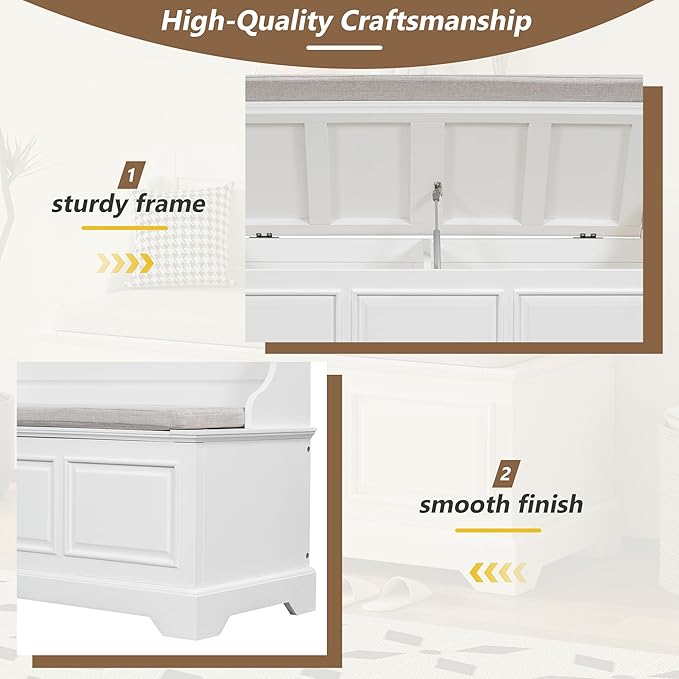 Retro Storage Bench Entryway Bench Shoe Cabinet with Safe Soft-Close Devices, Removable Seat Cushion, Backrest & Hidden Storage Space for Hallway Entryway Living Room Mudroom (White(New))