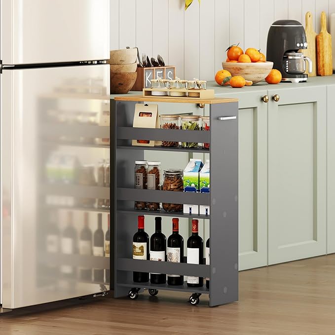 Small Kitchen Cart, 4-Tier Slim Rolling Island w/Handle, Laundry Room Storage Organizers Between Washer and Dryer, Narrow Spice Rack on Wheels Next to Fridge (Gray, 8'')