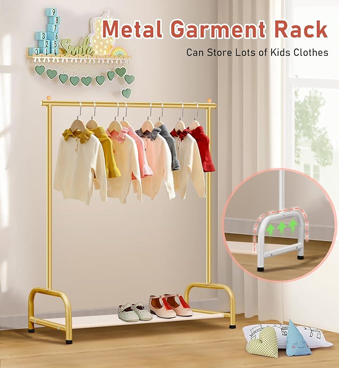 SLEEPING LAMB Baby Clothing Rack, Small Kids Clothes Rack with Bottom Storage Shelf, Child Clothes Hanger Rack for Coats, Metal Dance Costume Garment Rack for Hanging Clothes, Gold