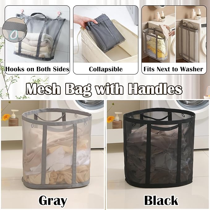 Collapsible Laundry Basket, Mesh Bag with Handles, Foldable Laundry Bag, Breathable Folding Beach Bag,Space-saving Tote Bags for Laundry, Bathroom, Dorm or Travel (Black, 45L)