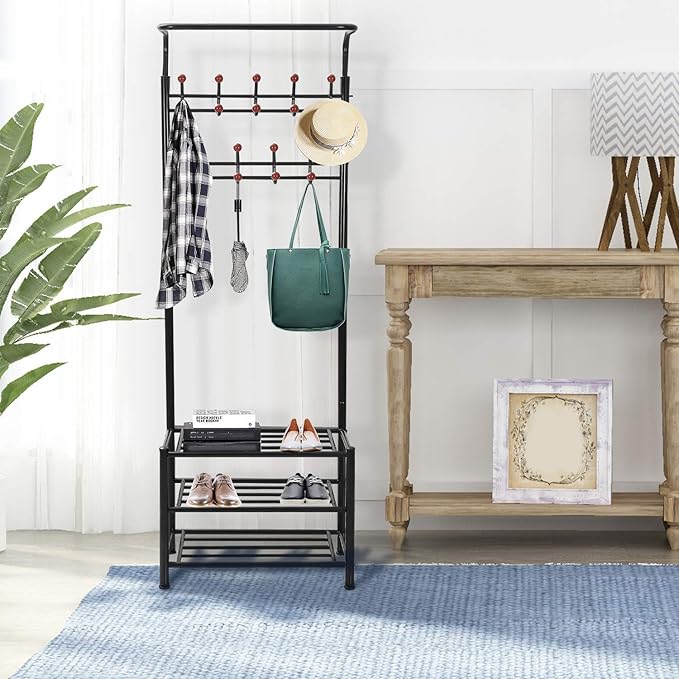 Moclever Coat Rack Shoe Bench, Hall Tree with Storage Shelf for Entryway, Industrial Coat Shoe Racks with Organization, 3-in-1 Design, Easy Assembly
