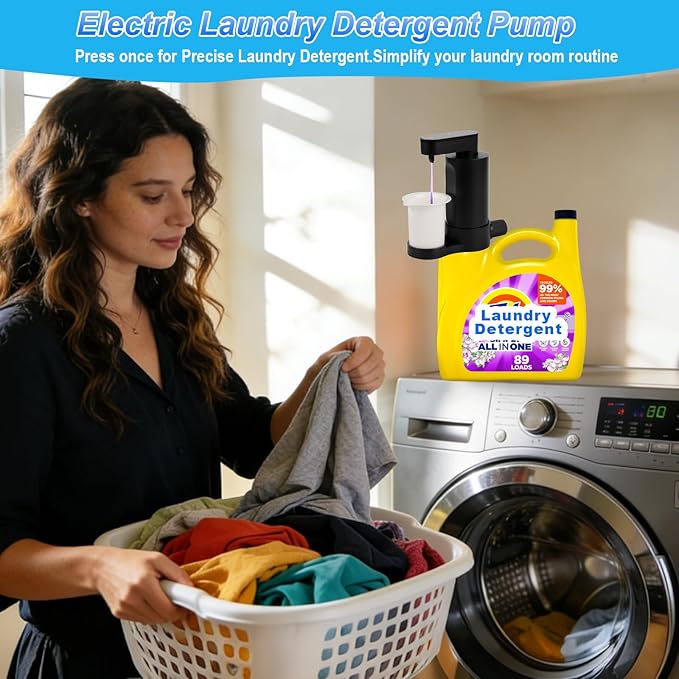 Electric Laundry Detergent Dispenser with Graduated Cup, Smart Laundry Detergent Pump, 2000mAh Rechargeable Fabric Softener Dispenser with Lock Function, for Laundry Room Organization (Black)