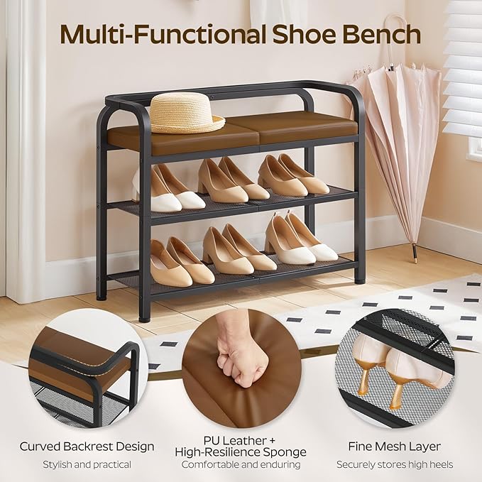 Shoe Bench with Backrest, Entryway Bench, 2-Tier Shoe Rack with PU Padded Seat, Upholstered Shoe Storage Bench with Back, for Hallway, Entryway, Foyer, Bedroom, Brown and Black HX04BV