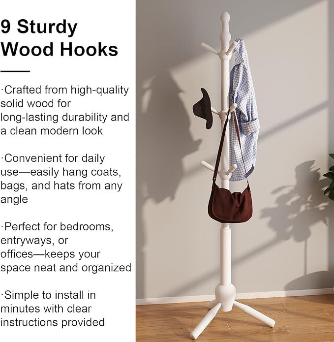 Solid Coat Rack Stand, Coat Rack Freestanding with 9 Hooks and Adjustable 3 Heights, Tree Coat Stand with Triangle Base for Entryway, Bedroom, Hallway, White