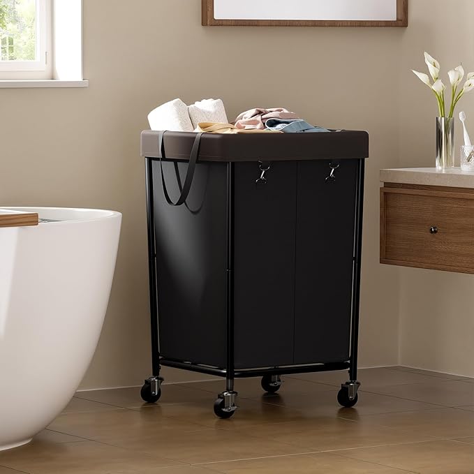 Chrislley 160L Laundry Hamper with Wheels, 2 Section Large Laundry Basket with Removable Bag, Steel Frame Dirty Clothes Hamper, Rolling Laundry Cart for Bedroom, Bathroom, Dorm, Hotel, Black