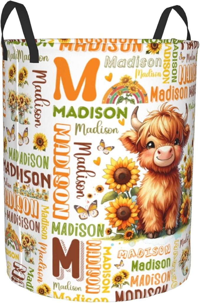 Personalized Highland Cattle Laundry Basket For Baby Kids Girls Adult Custom Hamper Basket With Name For Bathroom Bedrooms Collapsible Baby Laundry Basket, Dirty Clothes Hamper With Handles
