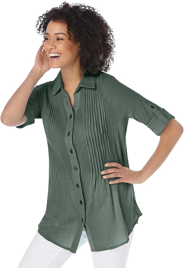 Woman Within Plus Size Pintucked Button Down Gauze Shirt