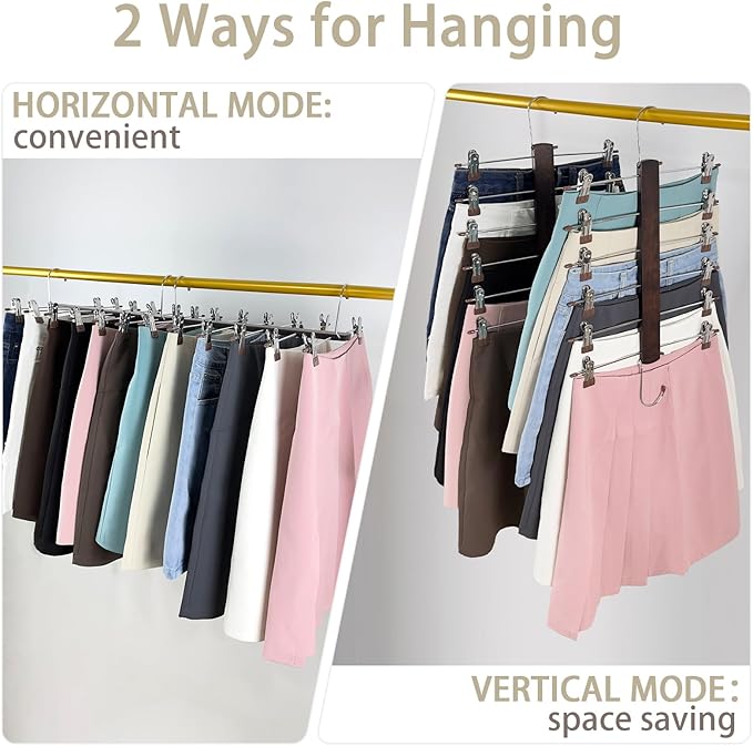 Skirt Hangers Space Saving,6 Tier Closet Organizers & Storage,Wooden Magic Hanger & Hanger with Clips,Pants-Hangers-Space-Saving for Hanging Pants Skirts Shorts Scarf Jeans（2 Piece）