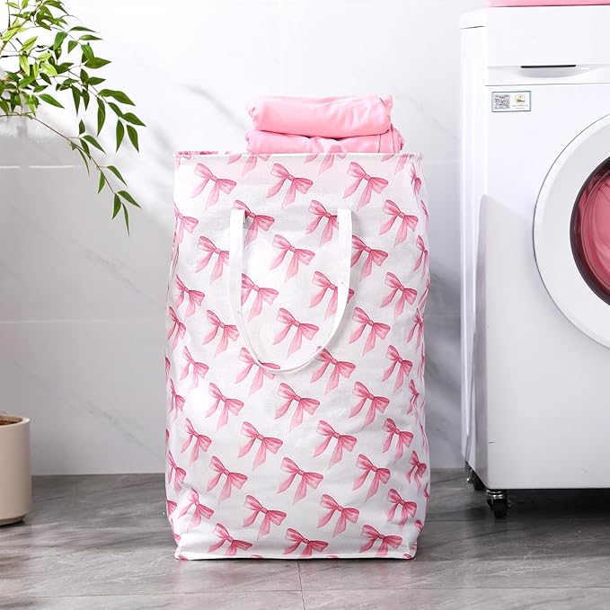 Leinuosen 2 Pcs Bow Pink Laundry Basket Pink Laundry Hamper Large Collapsible Bow Storage Baskets Cute Nursery Clothes Waterproof Hamper Room Organization for Bedroom Decor(Pastel)