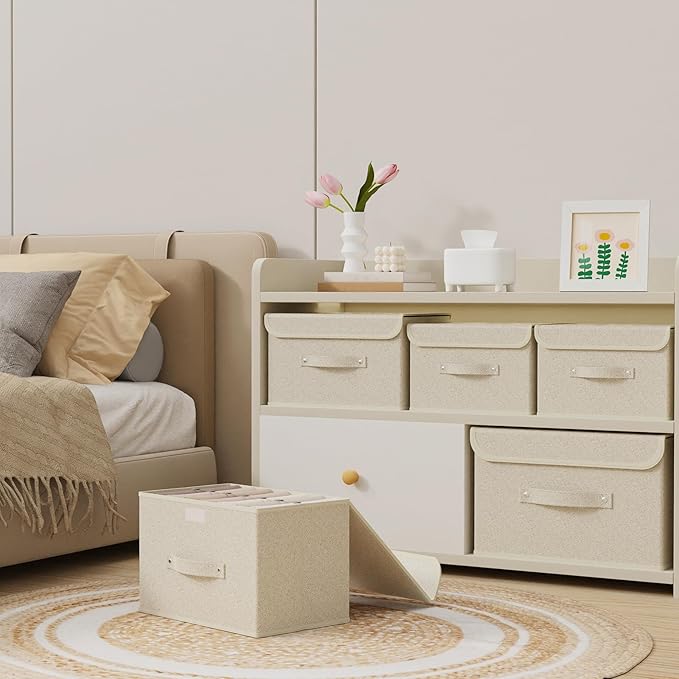 Fabric Storage Bins Cube Organizers with Flip-Top Lid and Handles,Storage Boxes for Organizing Home,Office,and Closet,Grey and Beige,5 Pack 10.2 X 7.9 X 6.7 in