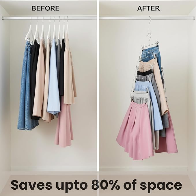 USTECH 6-Tier Skirt Hangers with Clips – Rust-Resistant Stainless Steel Multi-Layer Organizer for Skirts, Pants, and Women’s Clothing Storage – Non-Slip Adjustable Clips – Space Efficient, Pack of 4