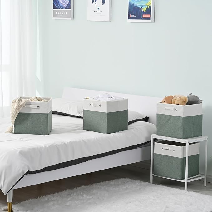 13 x 13 Inch Fine Linen Storage Bins with Handles，Fabric Cube Boxs，Basket Organizers for Shelves for Home, Closet Drawers (White/Green-4 Pack )