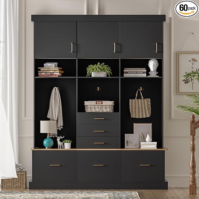 Modern 58'' Wide Hall Tree with Bench and Storage, 5-in-1 Wood Hall Tree with Coat Rack, 6 Drawers, 3 Cabinets and 3-Tier Top Storage for Hallway, Entryway, Living Room, Mudroom (Black-10.15)