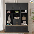 Modern 58'' Wide Hall Tree with Bench and Storage, 5-in-1 Wood Hall Tree with Coat Rack, 6 Drawers, 3 Cabinets and 3-Tier Top Storage for Hallway, Entryway, Living Room, Mudroom (Black-10.15)