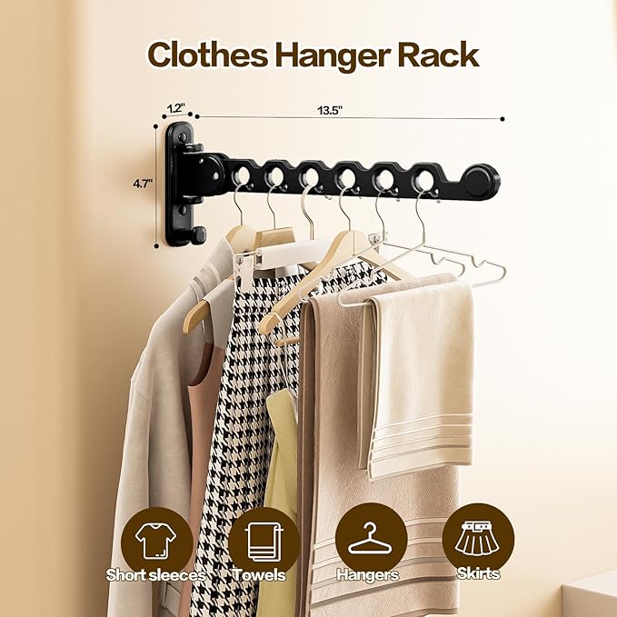 Wall Mounted Clothes Drying Rack, Laundry Clothes Hanger Rack Wall Mounted, Foldable Wall Clothes Rack for Laundry Room, Space Saving Closet Storage Organizer Clothes Hanger Indoor, 2pcs(Black)