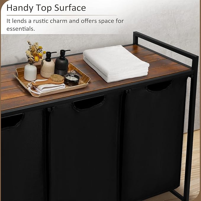 Pull Out Laundry Hamper 3 Compartment Laundry Sorter with Shelf 3 Section Laundry Basket with 3 x 16 Gallons Removable Bags for Laundry Room Bathroom and Dorm, Black