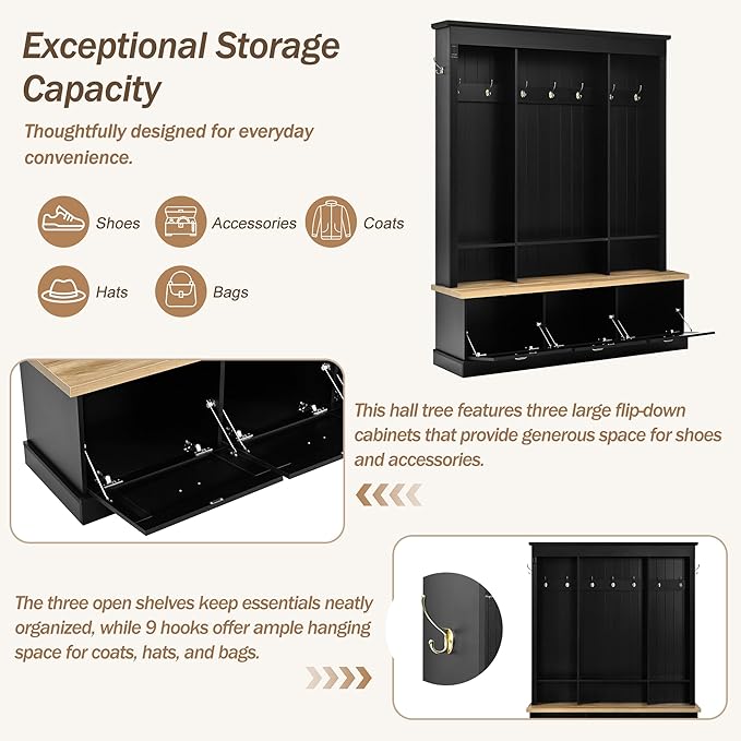 Farmhouse 75" H Hall Tree with 9 Golden Hooks, 3 Large Cabinets, Open Shelves, Roman Column Design Natural Storage Bench, Entryway Organizer with Shelves for Mudroom, Hallway (Black,75)