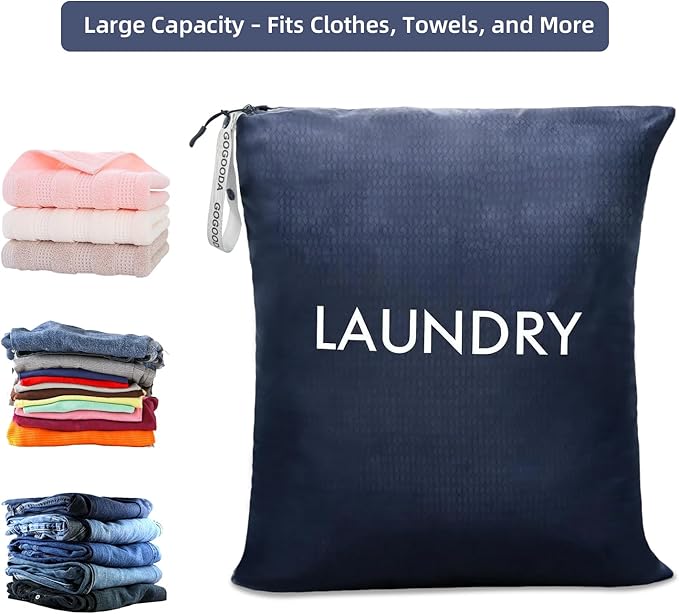 GOGOODA Travel Laundry Bags – Packable & Splash-Resistant Clothes Organizer with Handle | Lightweight, Foldable & Space-Saving for Suitcase, Gym, Beach & Business Trips (Navy Blue & Orange)