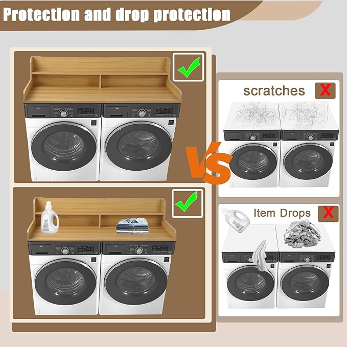 2-Tier Washer and Dryer Countertop, Wooden Washer Dryer Countertop, 27.5" Depth X 54" Laundry Countertop Over Washer and Dryer for Folding Clothes Over Washer and Dryer (Light Walnut)