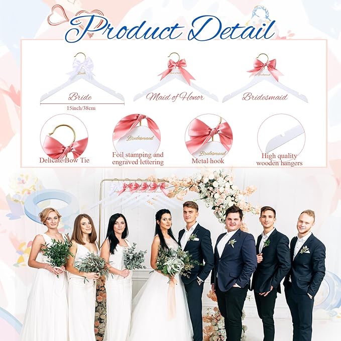 Bride Bridal Bridesmaid Hanger with Maid of Honor White Wooden Wedding Dress Hanger with White Bow and Pink Blue Bow for Bridal Party Shower Wedding Gift(Pink)