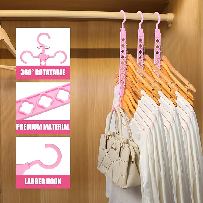 SLMT Magic Hangers Connectors 10 Pack Space Saving Closet Organizers College Dorm Room Essentials Space Saver Cascading Hangers with 9 Holes (Pink)