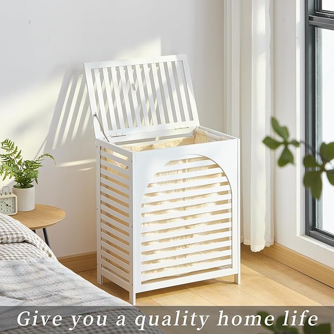 Laundry Hamper with Lid, Bamboo Clothes Laundry Basket with Handles, Removable 2-Section Liner bag, Hampers for Bedroom Aesthetic, Large Storage for Bath Towel, Sheets or Toys, Home (White)