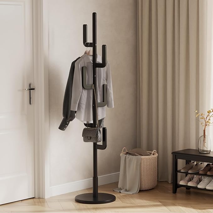Solid Wood Cactus Coat Rack, Freestanding Coat Rack With 6 L-Shaped Hooks and 3 Adjustable Sizes, Coat Tree for Bedroom, Entryway, Livingroom, Coat Hanger Stand for Coats, Handbags (Black)