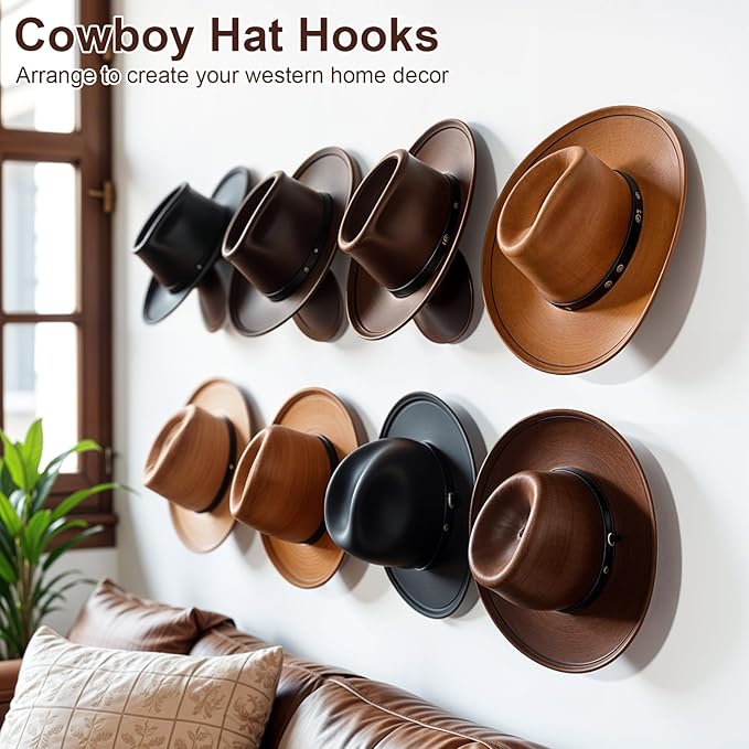 2.9 Inch Hat Hooks for Wall, 8 Pack Cowboy Hat Holder Wide Brimmed Hat Rack Organizer Strong Adhesive Cowboy Hat Hangers Storage Wall Mount for Cowboy, Sun Hats, Baseball Caps (Clear)