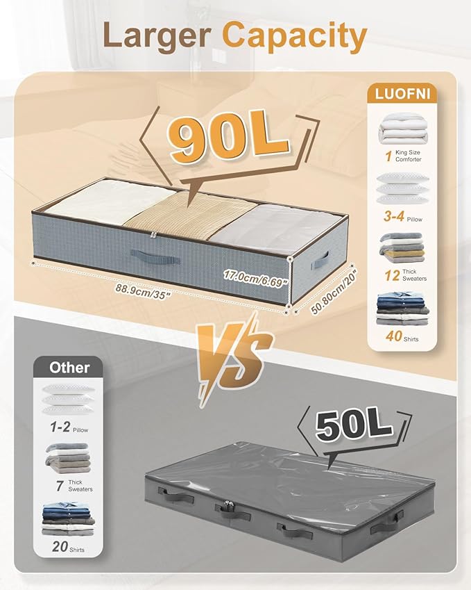 Large Under the Bed Storage,[2 Pack/Upgraded Bottom fabric] Carpet-Friendly Design Under Bed Storage Containers with Sturdy Sidewalls,Foldable under bed organizer for Clothes,Blankets,Sweater