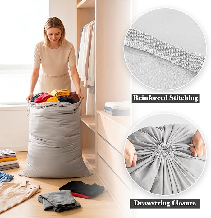 Laundry Bags Extra Large Heavy Duty, Nylon Travel Laundry Bag with Drawstring for Dirty Clothes, 28" x 40" Sleeping Bag Storage Sack, Basket Hamper Liner, Grey