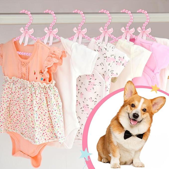 Wesiti 25 Pcs Small Pearl Hanger Mini Pearl Metal Elegant Clothes Hangers with Ribbon for Women Dog Cat (Pink)