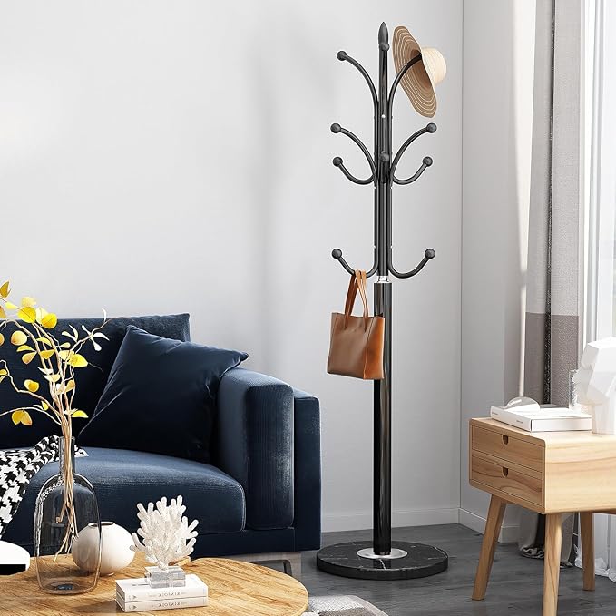 Metal Coat Rack Freestanding Sturdy Heavy Duty Coat Rack Stand with Natural Marble Base Modern Coat Racks Hall Tree Hats Hanger Holder Stand with 12 Hooks for Entryway Hallway Office, Black