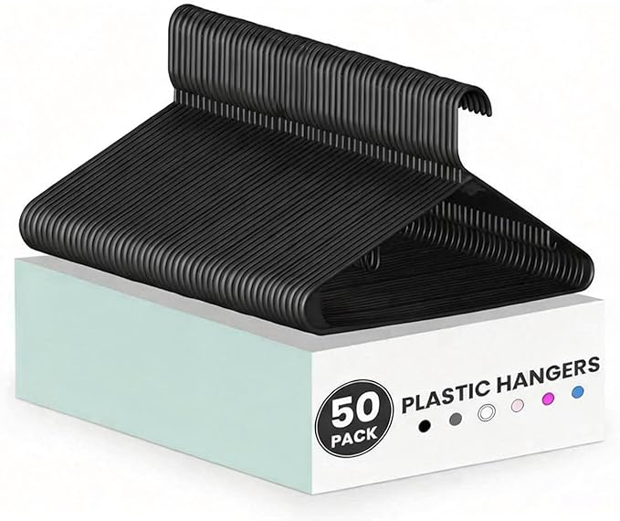 Simple Deluxe 50 Pack Plastic Garment Hangers, Slip-Resistant Hooks & Space-Saving Design, Multi-Use for Shirts, Coats, Dresses & Everyday Clothes, Black