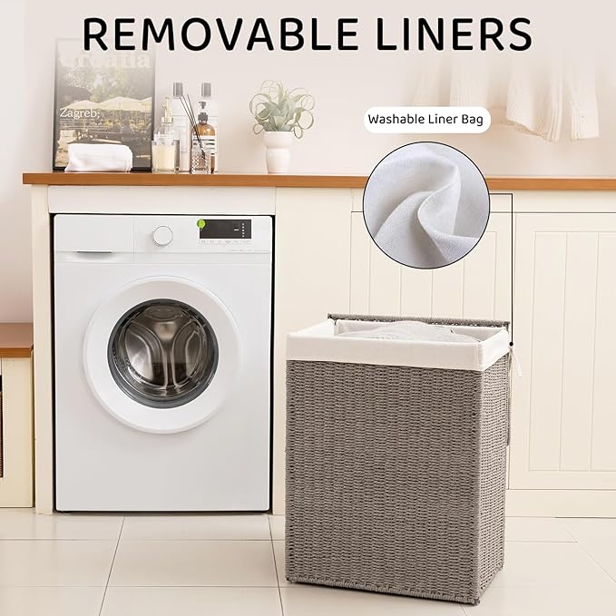 OIAHOMY Laundry Hamper with Lid, 23.8 Gal (90L) Wicker Hamper with Removable Liner Bags, Handwoven Clothes Basket with Handles, Foldable Woven Paper Rope Basket for Laundry Room, Bedroom-Grey