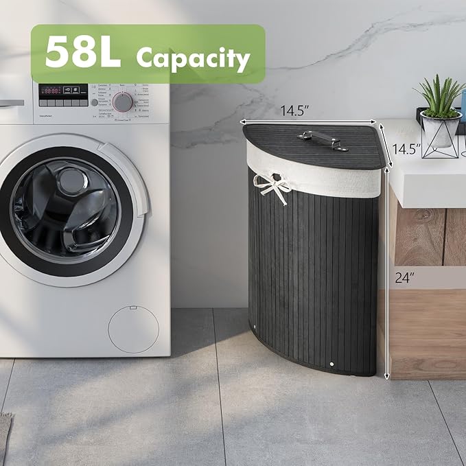 Giantex Corner Laundry Hamper with Lid, 58 L Bamboo Laundry Basket with Removable Liner & Handle, Triangle Clothes Hamper for Small Spaces, Bedroom, Bathroom, Laundry & Living Room (Black)
