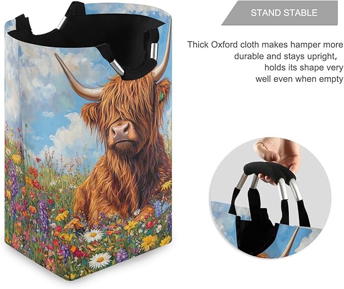xigua Highland Cow Large Laundry Hamper with Handle, Foldable Clothes Hamper Collapsible Storage Basket for Toys and Clothes Organization in Bedroom, Bathroom, and Laundry Room