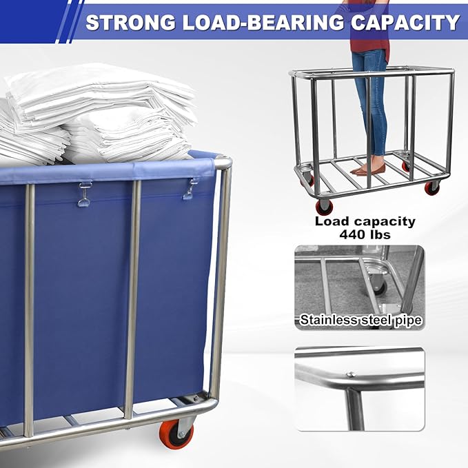 420L Commercial Rolling Laundry Cart with Wheels, 440 Lbs Heavy Duty Stainless Steel Frame Hamper, Extra Large Laundry Basket with Removable Waterproof Liner Bag for Hotel, Hospital & Dorm, Blue