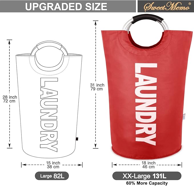 Large Laundry Basket Collapsible，Freestanding Clothes Hamper Bag with Handles – Tall Folding Dirty Laundry Bin，Sturdy Laundry Sorter for College Dorm，Laundry Room – 130L (Red)