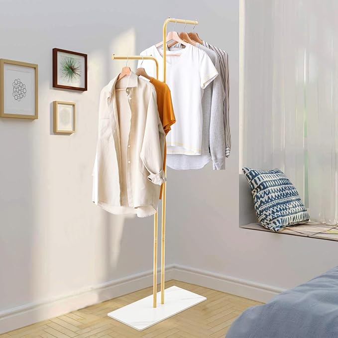 67in-Gold Clothing Rack with Base, Double Rod Freestanding Coat Rack Hanging Clothes, Bags, Hat and Shoes for Entryway Bedroom Garment Organizer, Clothing Stores Boutique Retail, Studio