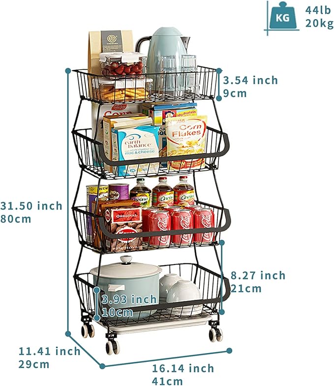 Metal Wire Baskets with Wheels, Stackable Storage Bins Kitchen Organizer Shelf 3-4-5-6 Tier Fruit Vegetable Cart Dishes Seasonal Rack Shelves for Garage, Pantry, Bathroom