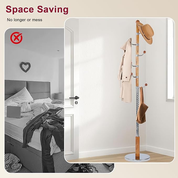 Wood Coat Rack Freestanding with 11 Hooks, 67 Inches Adjustable Height Coat Rack Stand, Vintage Hall Tree Coat Racks with Stable Round Base for Entryway, Bedroom (Solid Wood Metal Hook)