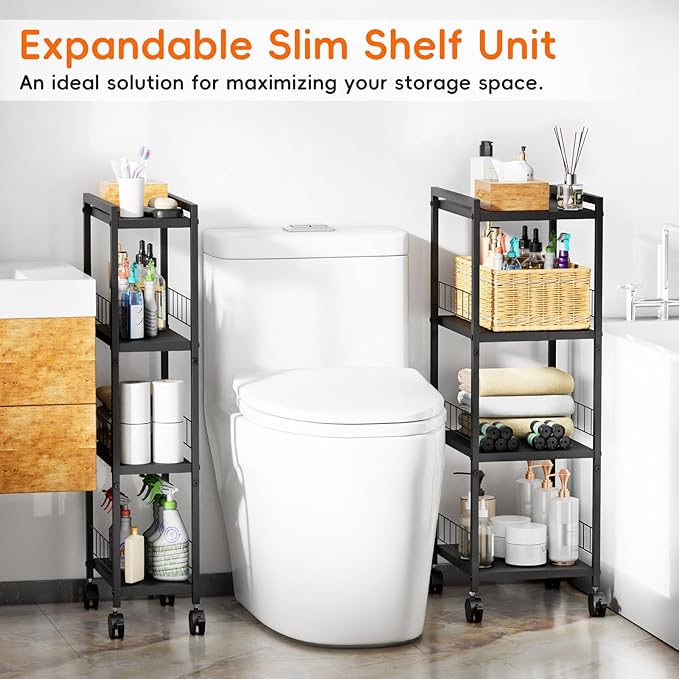 Expandable Slim Storage Cart with Wheels, 4 Tier Narrow Metal Rolling Utility Cart Organizer Adjustable Open Floor Shelf Unit for Small Spaces Bathroom Laundry Room Kitchen