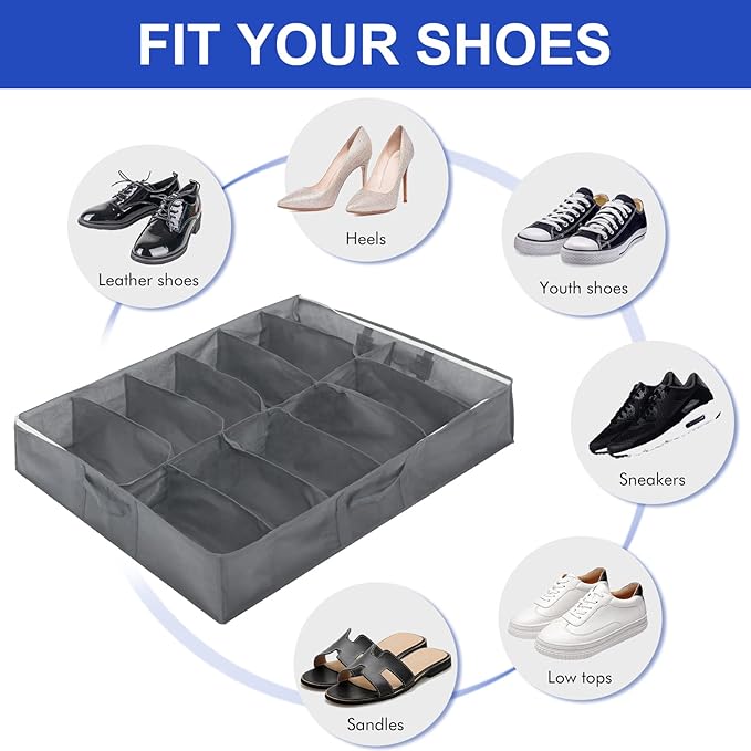 Surblue Under Bed Shoe Organizer Storage Bag with Transparent Skylight and Zippered,36 Pairs,Grey,3 PCS