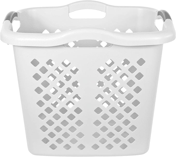 2-Pack 2 Bushel Plastic Laundry Basket with Silver Handles, Space-Saving Dirty Clothes Organizer for Home Apartment Dorm (White)