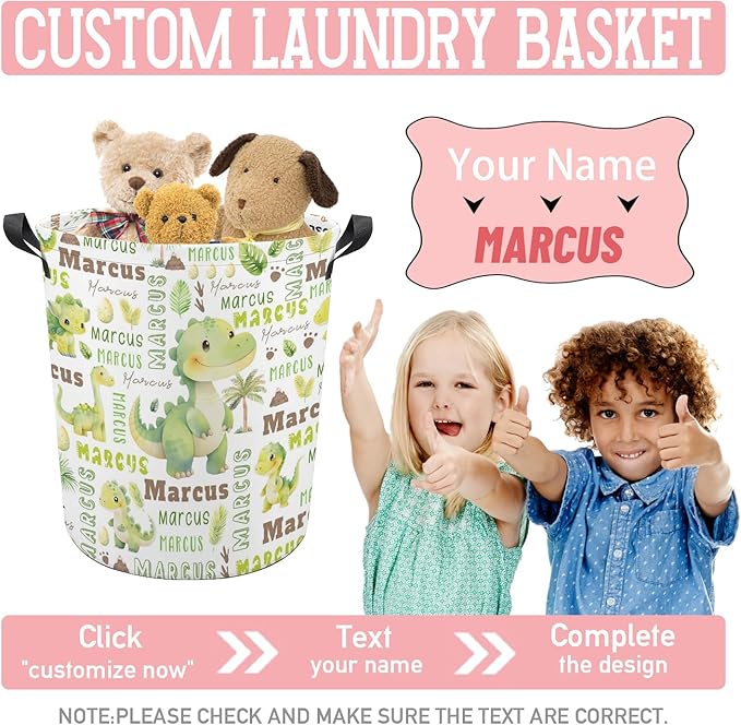 Dinosaurs Laundry Basket,Personalized Laundry Hamper for Boys Girls,Custom Laundry Basket With Name, Customized Dirty Clothes Hamper for Bathroom Bedrooms,M-19.5"X 15.7"