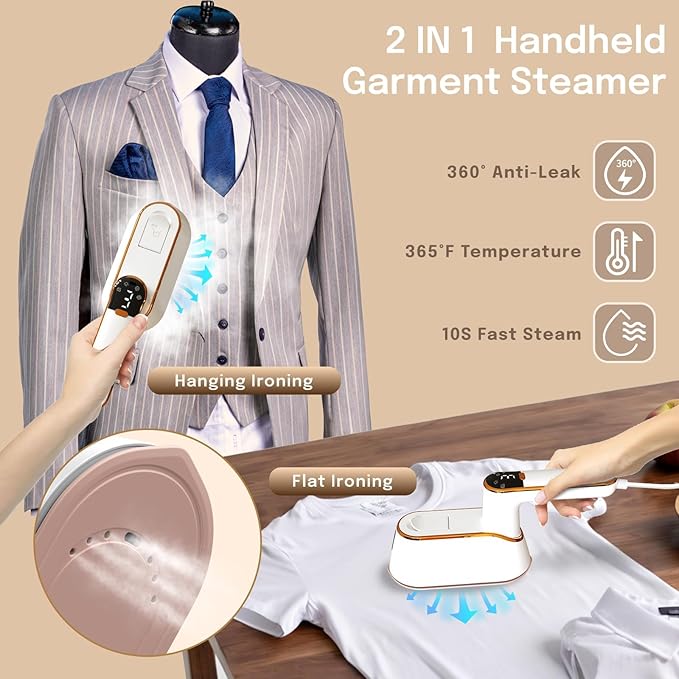 Travel Steamer, 1300W Portable Steamer for Clothes, Quick Heat Plancha a Vapor Para Ropa, 180° Rotating Handle & Ceramic Panel, 2-IN-1 Mini Iron With LCD for Home & Travel Use