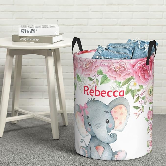 Pink Rose Elephant Personalized Laundry Hamper Custom with Name Collapsible Waterproof Storage Basket with Handles for Bedroom Decor Gift.